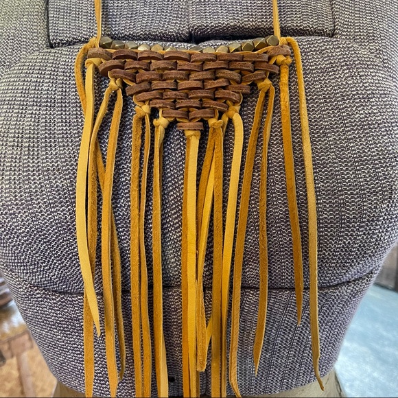 HANDMADE Gold Deerskin Leather Fringe Shield Necklace - Picture 3 of 5